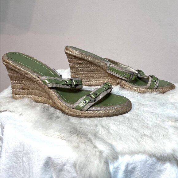 Y2K Vintage Green Leather Wedge Espadrille Sandals w Strap Detail+Studs Size 7.5 - Picture 4 of 6